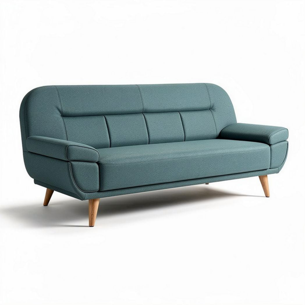 Blauwe stoffen bank 200 x 80 x 90cm met houten poten en gestikte rugleuningen