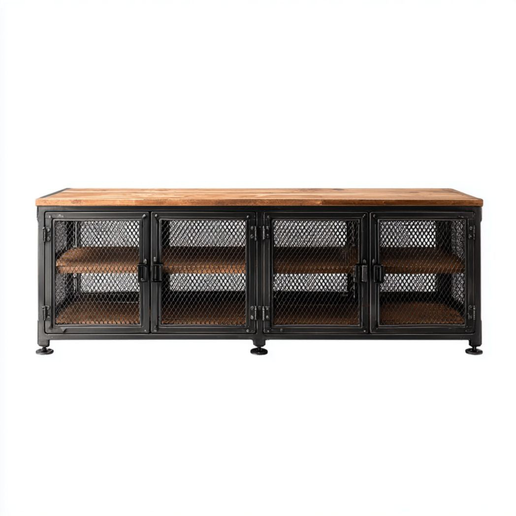 TV kast van hout en metaal met open planken 150 x 45 x 50cm bruin zwart