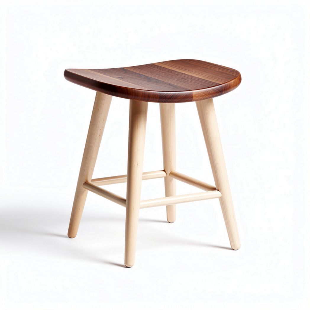 Houten kruk met gebogen zitting en onderstel van lichtgekleurd hout 45 x 30 x 45cm
